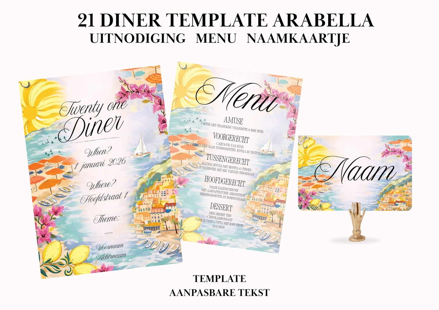 Uitnodiging - Menu - Naamkaartje set voor 21 Diner 'Arabella'
