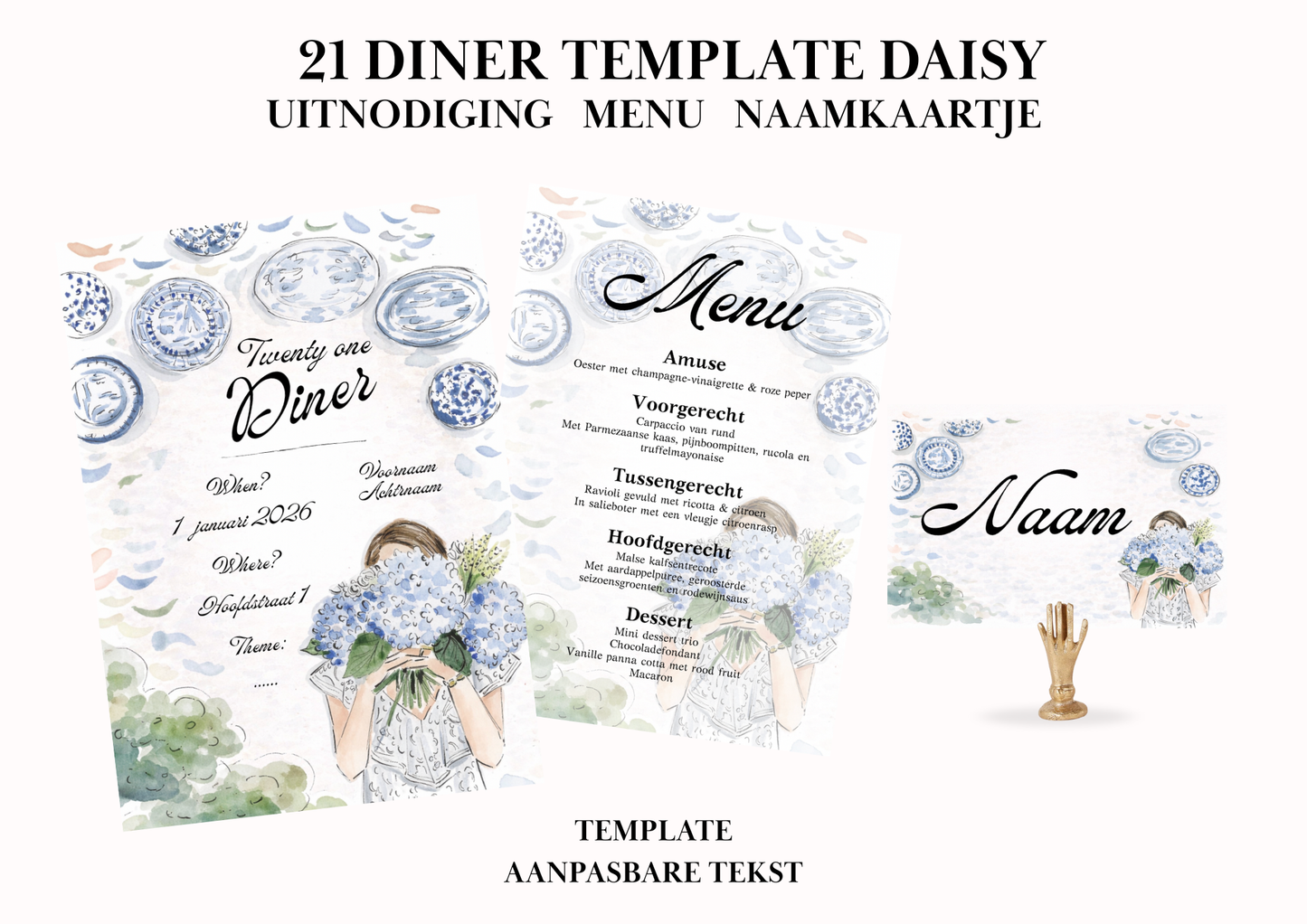 Uitnodiging - Menu - Naamkaartje set voor 21 Diner 'Daisy'