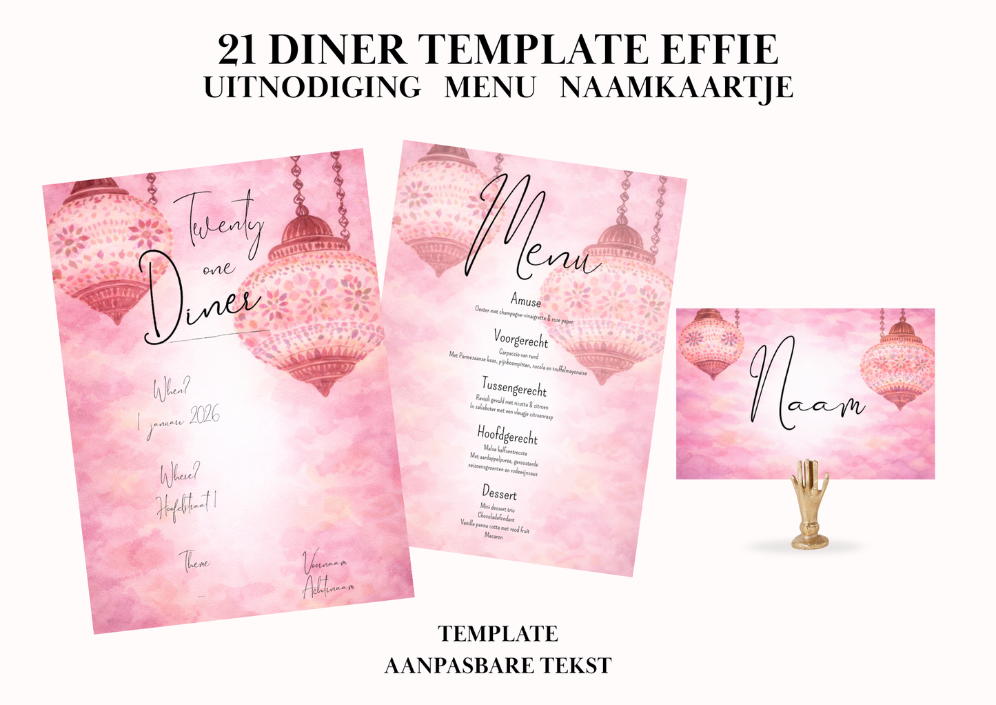 Uitnodiging - Menu - Naamkaartje set voor 21 Diner 'Effie'