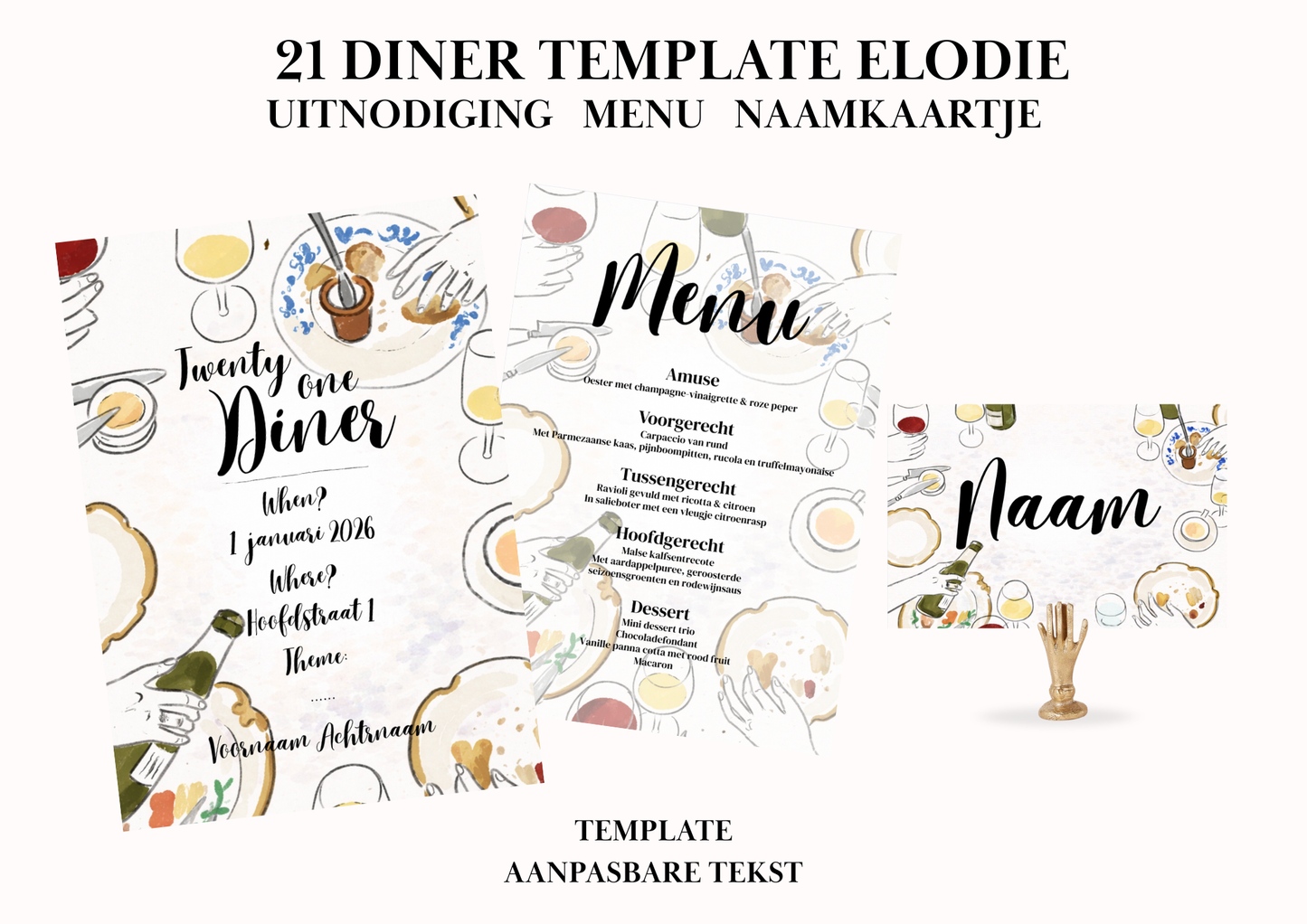 Uitnodiging - Menu - Naamkaartje set voor 21 Diner 'Elodie'