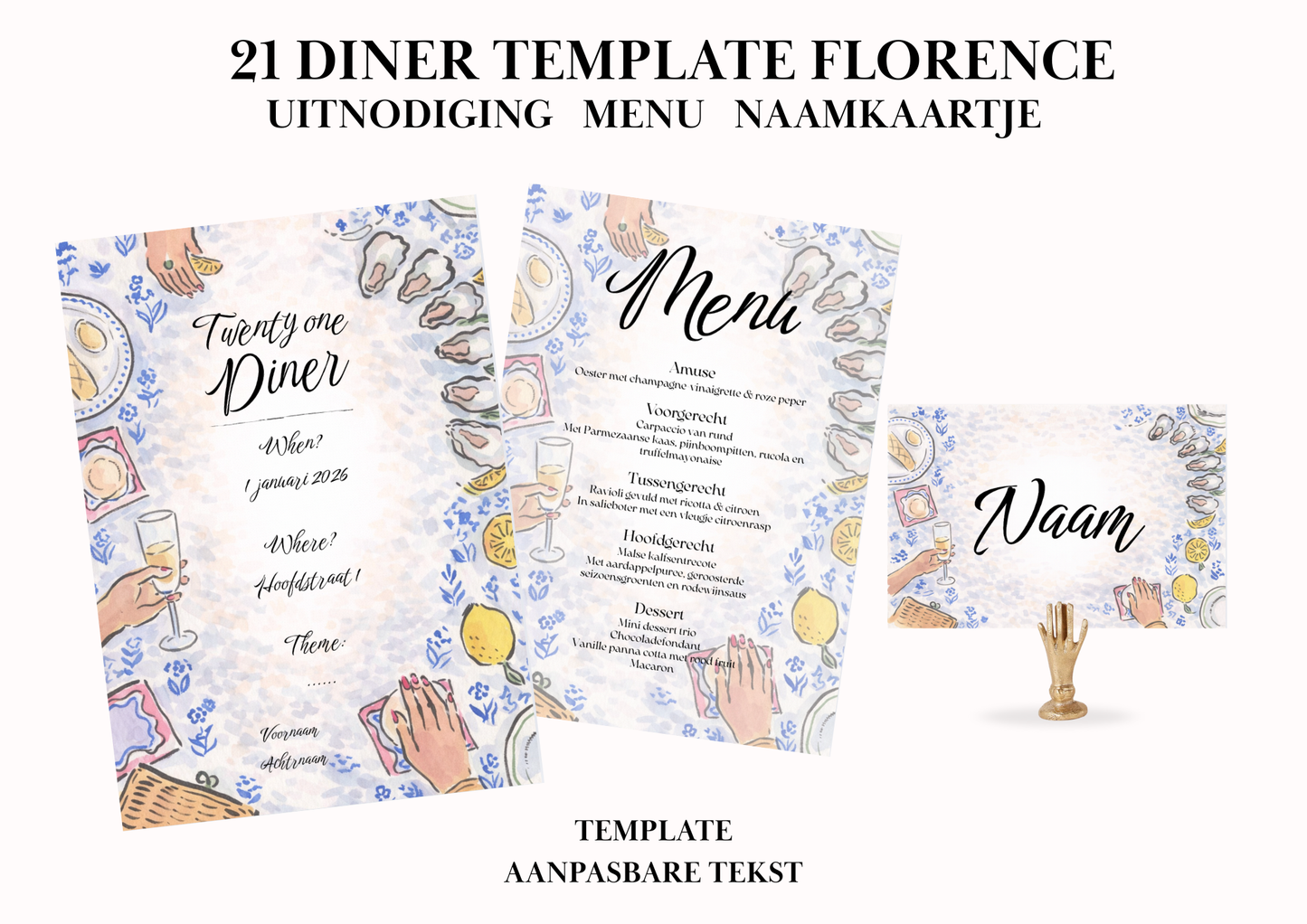 Uitnodiging - Menu - Naamkaartje set voor 21 Diner 'Florence'