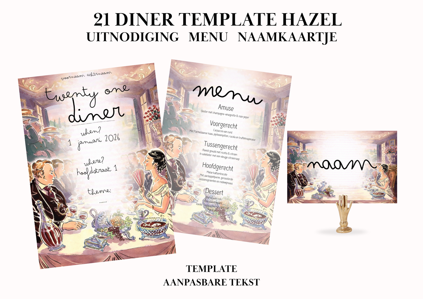 Uitnodiging - Menu - Naamkaartje set voor 21 Diner 'Hazel'