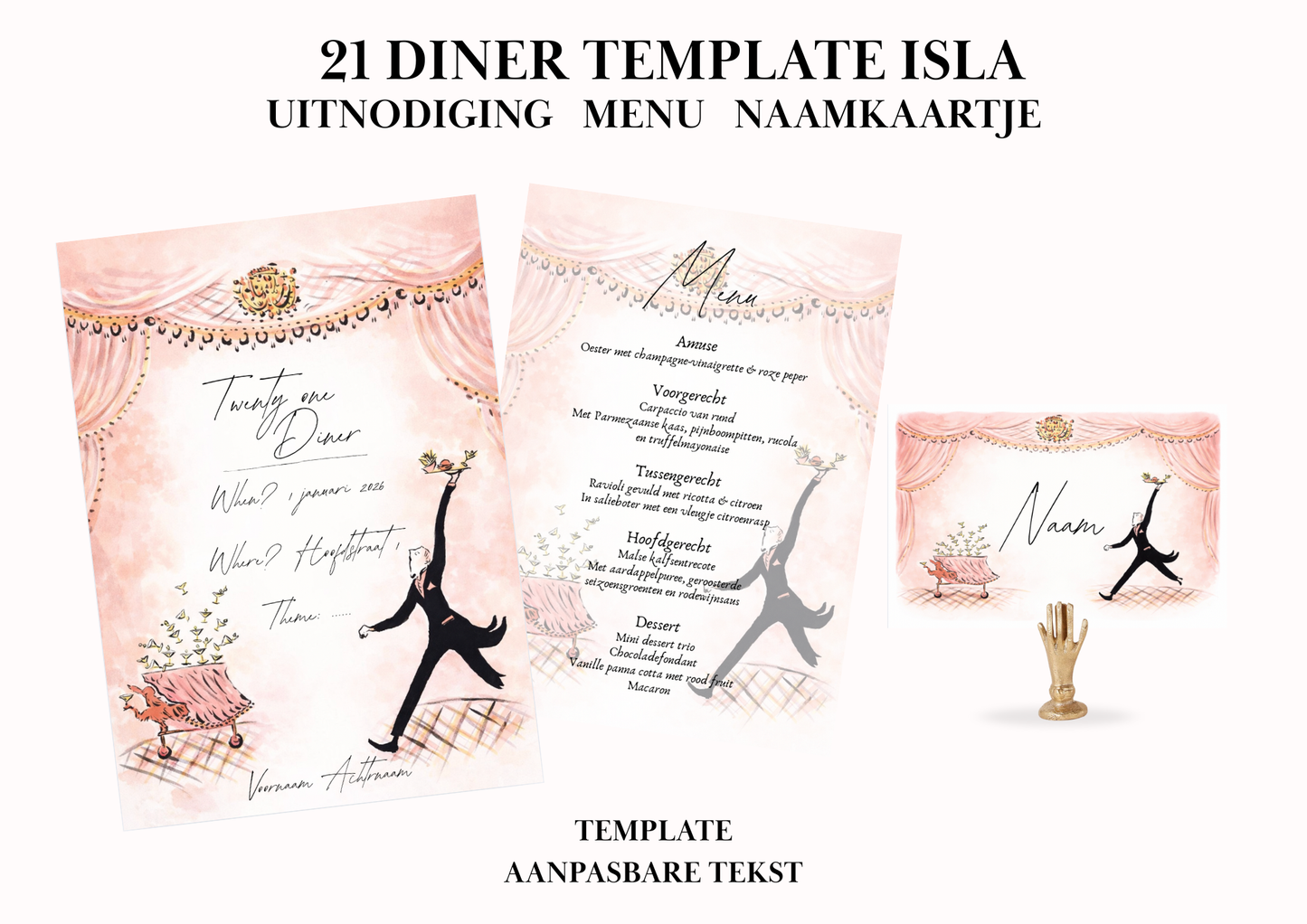 Uitnodiging - Menu - Naamkaartje set voor 21 Diner 'Isla'