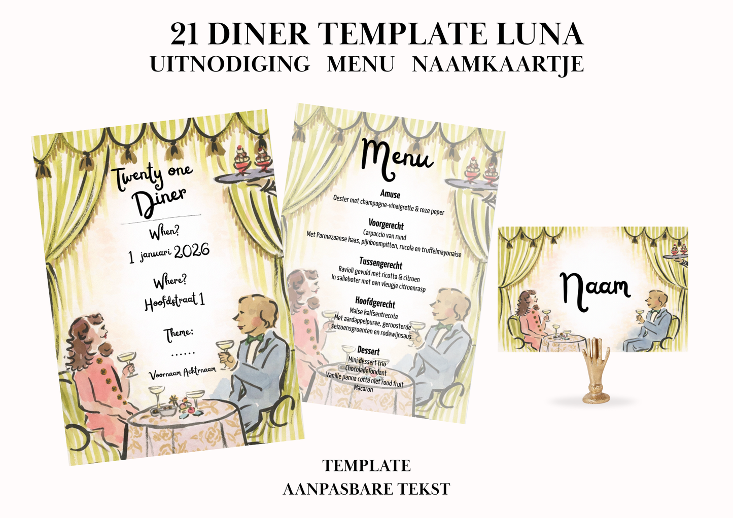 Uitnodiging - Menu - Naamkaartje set voor 21 Diner 'Luna'