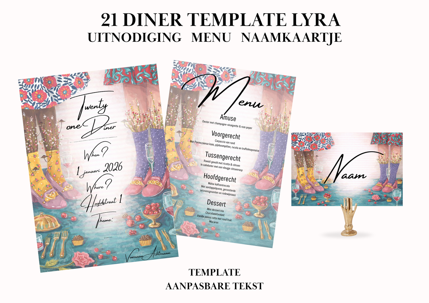 Uitnodiging - Menu - Naamkaartje set voor 21 Diner 'Lyra'