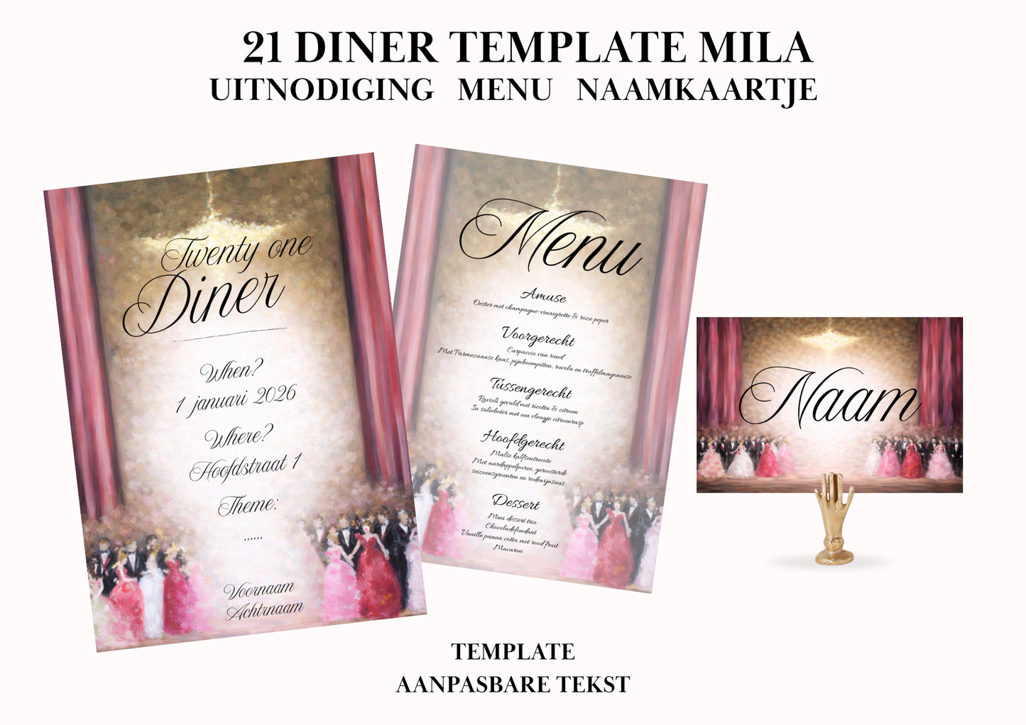 Uitnodiging - Menu - Naamkaartje set voor 21 Diner 'Mila'