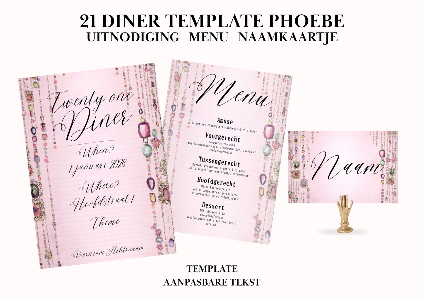 Uitnodiging - Menu - Naamkaartje set voor 21 Diner 'Phoebe'
