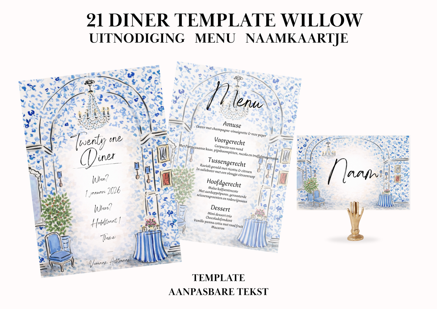 Uitnodiging - Menu - Naamkaartje set voor 21 Diner 'Willow'