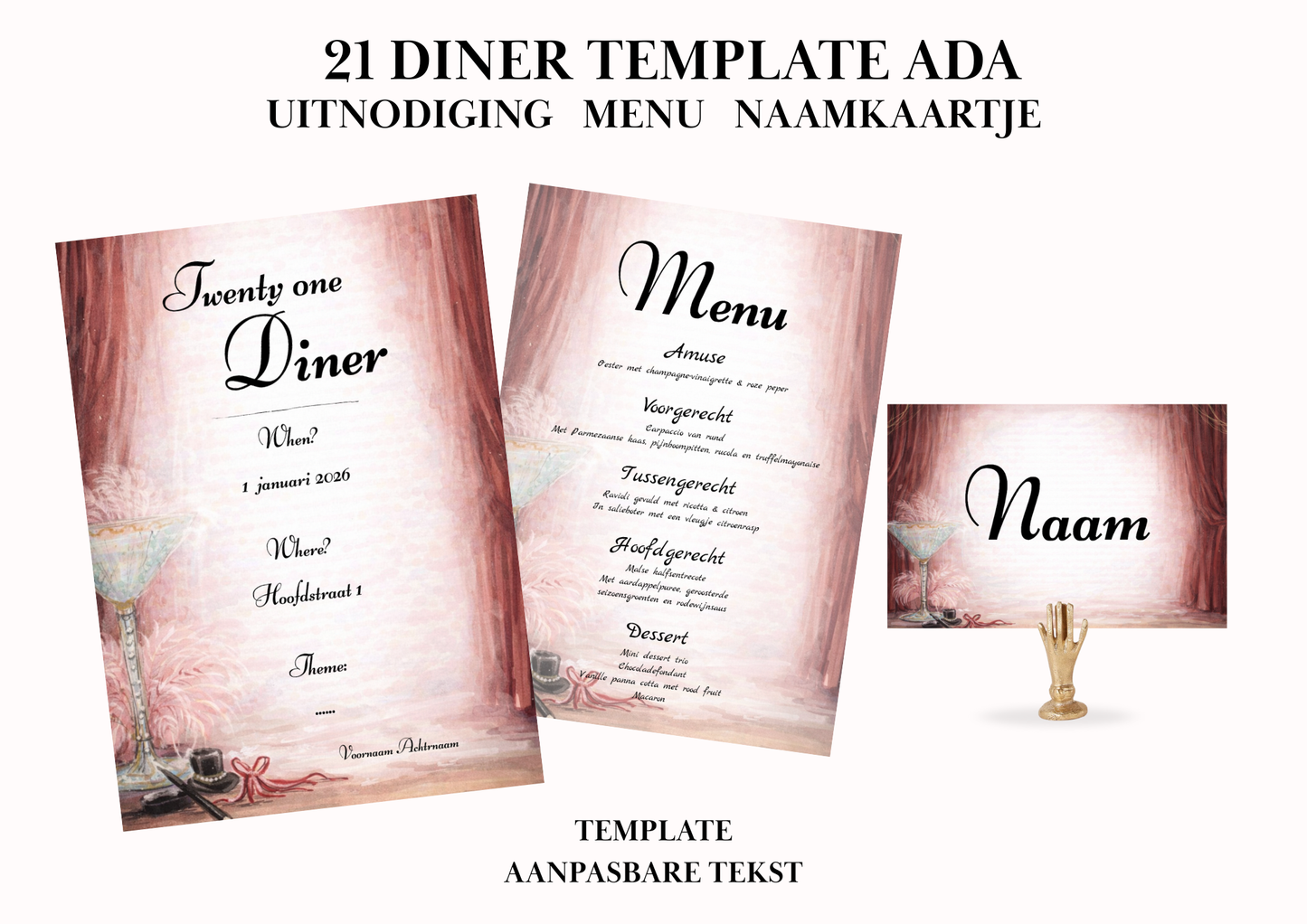 Uitnodiging - Menu - Naamkaartje set voor 21 Diner 'Ada'