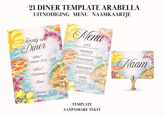Uitnodiging - Menu - Naamkaartje set voor 21 Diner 'Arabella'
