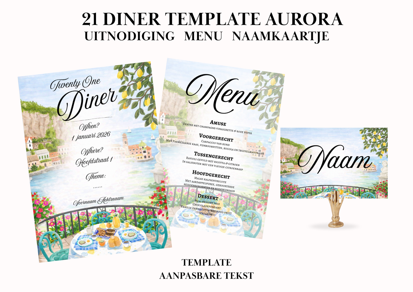 Uitnodiging - Menu - Naamkaartje set voor 21 Diner 'Aurora'