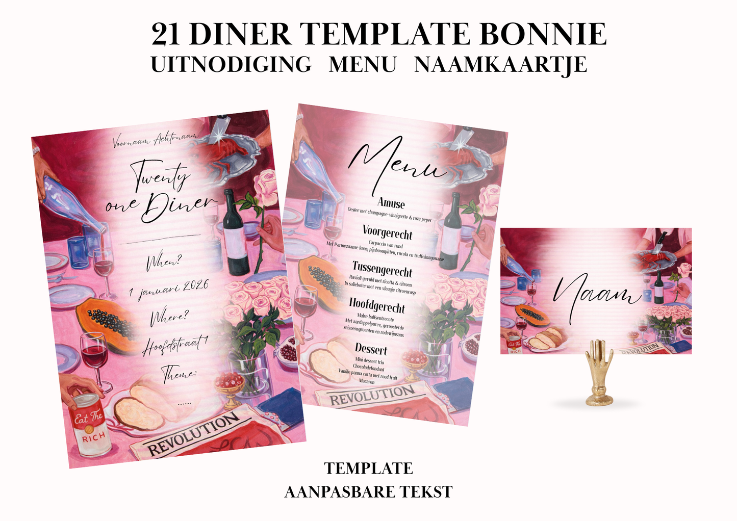 Uitnodiging - Menu - Naamkaartje set voor 21 Diner 'Bonnie'