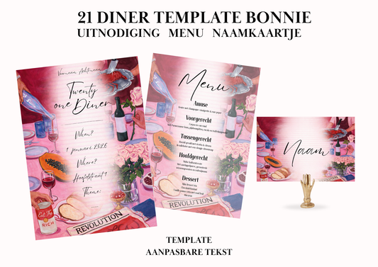 Uitnodiging - Menu - Naamkaartje set voor 21 Diner 'Bonnie'