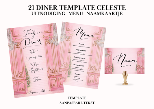 Uitnodiging - Menu - Naamkaartje set voor 21 Diner 'Celeste'