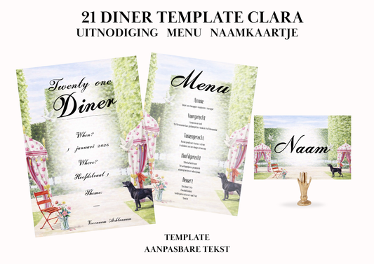 Uitnodiging - Menu - Naamkaartje set voor 21 Diner 'Clara'