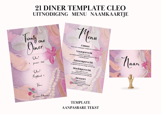 Uitnodiging - Menu - Naamkaartje set voor 21 Diner 'Cleo'
