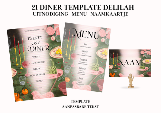 Uitnodiging - Menu - Naamkaartje set voor 21 Diner 'Delilah'