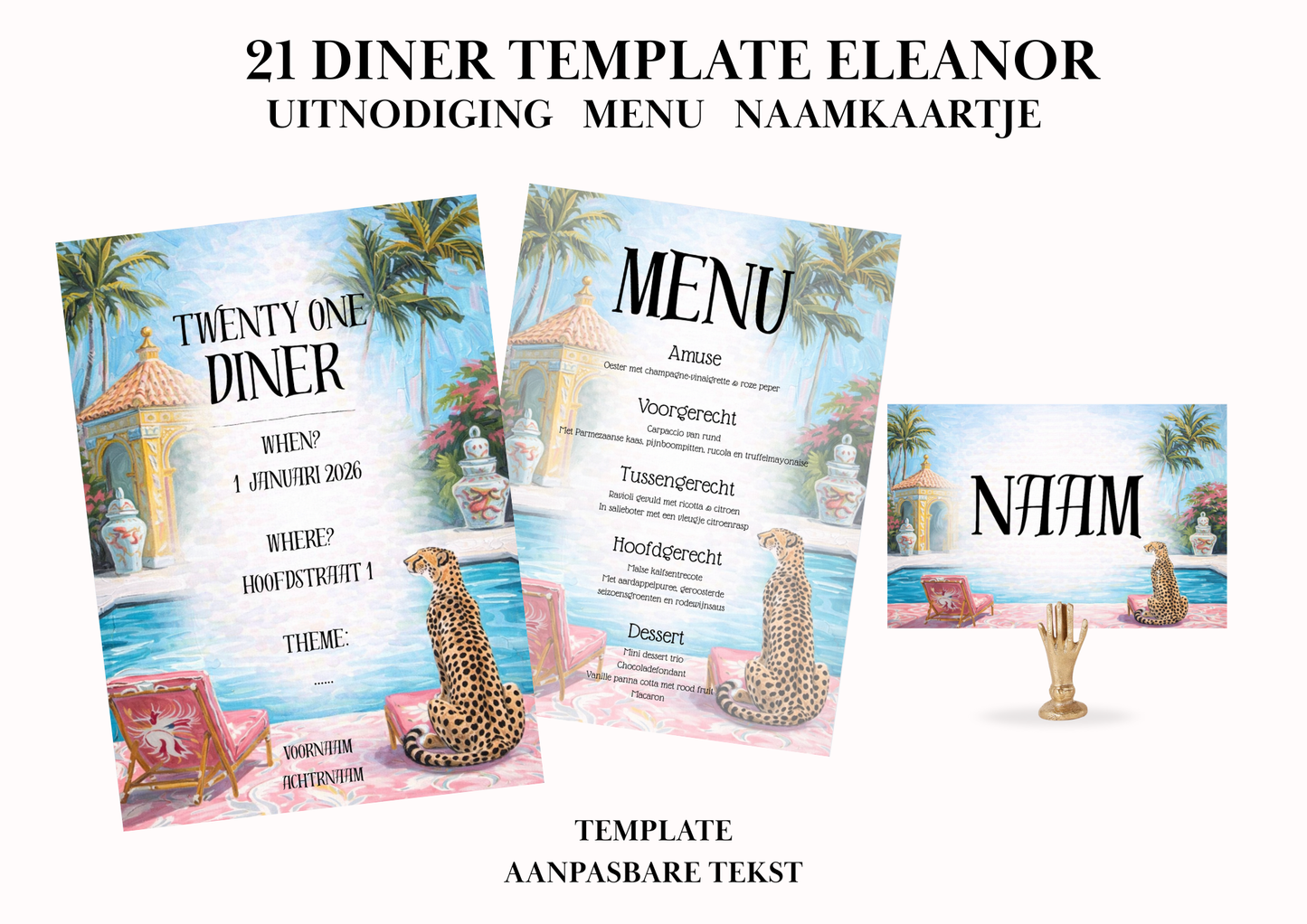 Uitnodiging - Menu - Naamkaartje set voor 21 Diner 'Eleanor'