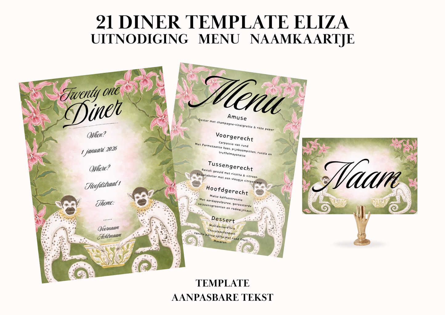 Uitnodiging - Menu - Naamkaartje set voor 21 Diner 'Eliza'