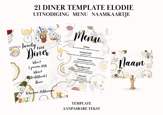 Uitnodiging - Menu - Naamkaartje set voor 21 Diner 'Elodie'