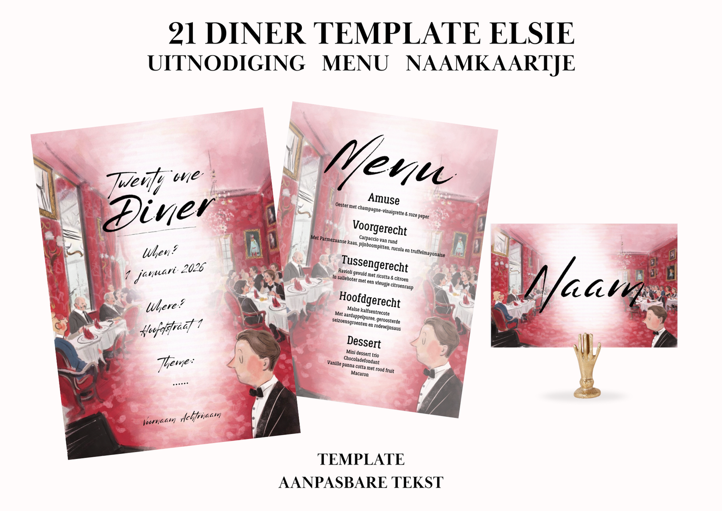 Uitnodiging - Menu - Naamkaartje set voor 21 Diner 'Elsie'