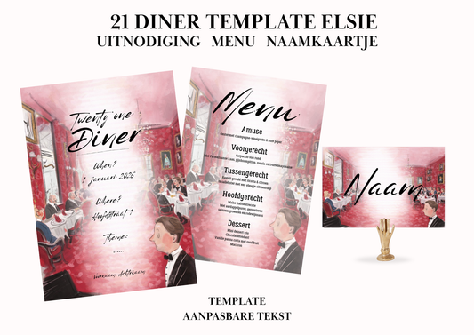 Uitnodiging - Menu - Naamkaartje set voor 21 Diner 'Elsie'