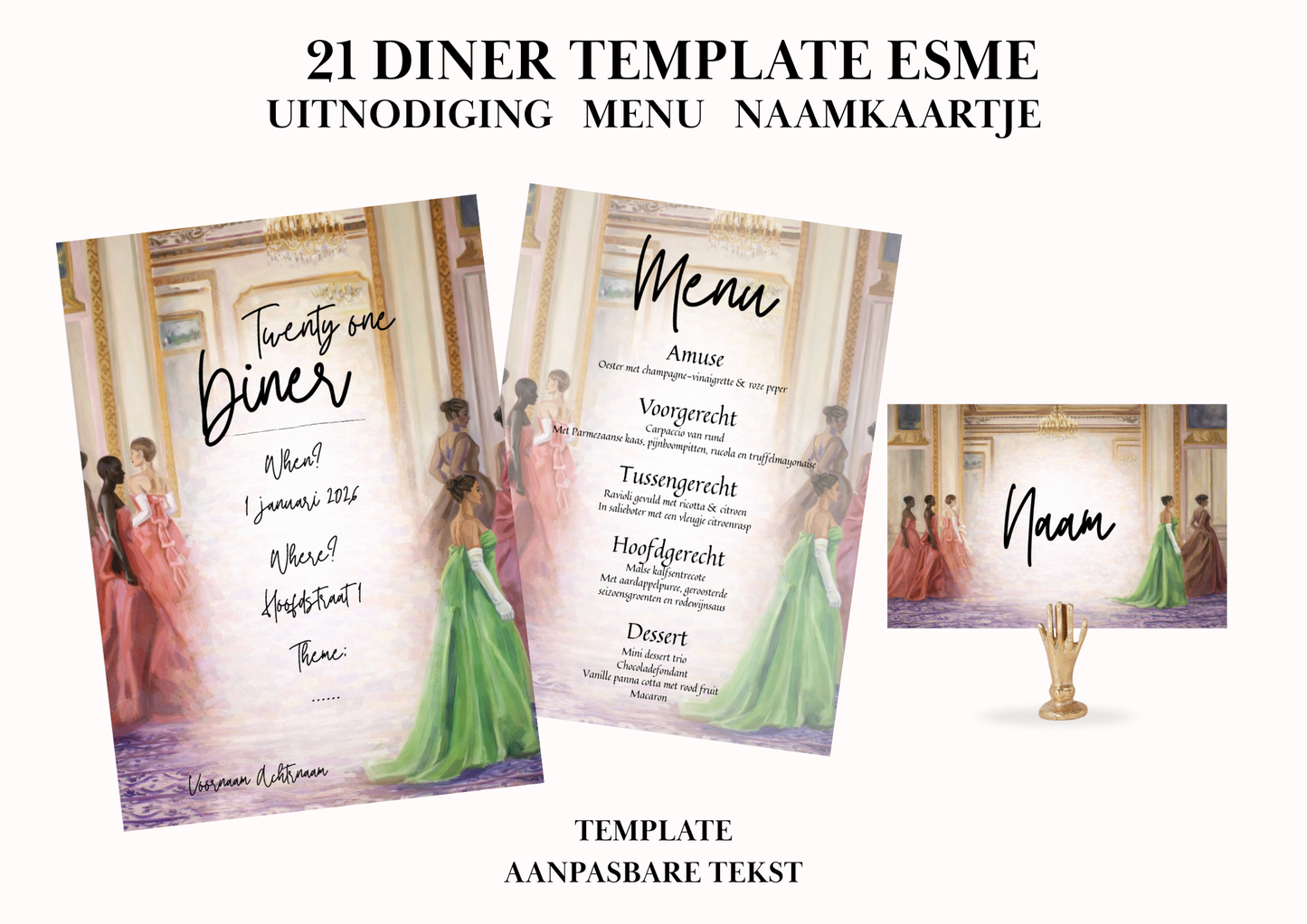 Uitnodiging - Menu - Naamkaartje set voor 21 Diner 'Esme'