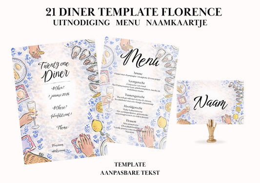 Uitnodiging - Menu - Naamkaartje set voor 21 Diner 'Florence'