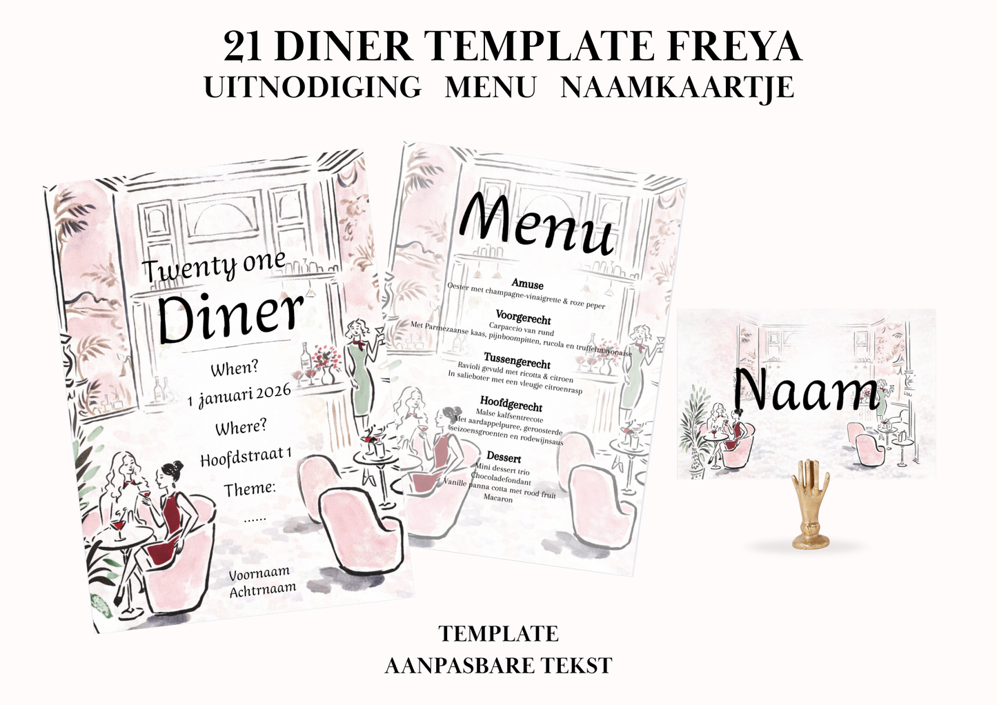 Uitnodiging - Menu - Naamkaartje set voor 21 Diner 'Freya'