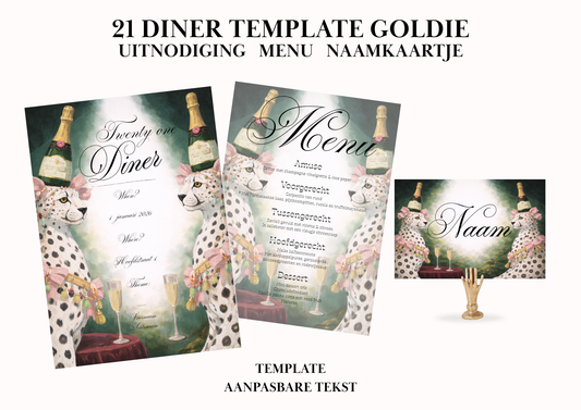Uitnodiging - Menu - Naamkaartje set voor 21 Diner 'Goldie'