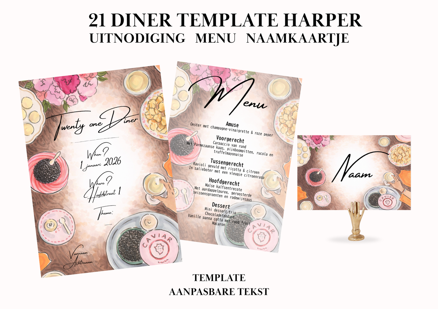 Uitnodiging - Menu - Naamkaartje set voor 21 Diner 'Harper'