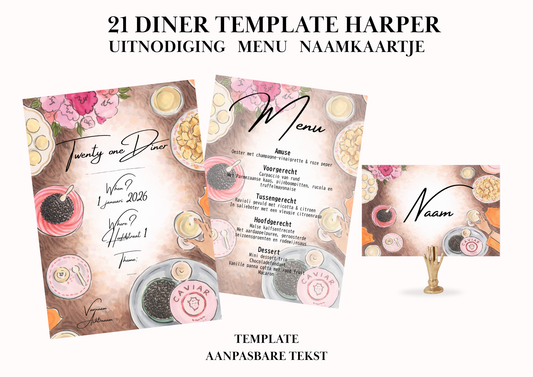 Uitnodiging - Menu - Naamkaartje set voor 21 Diner 'Harper'