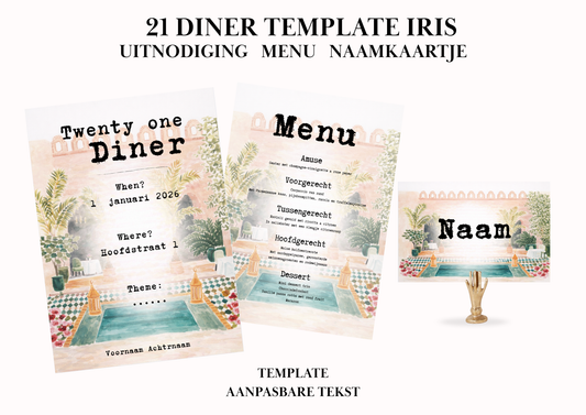 Uitnodiging - Menu - Naamkaartje set voor 21 Diner 'Iris'