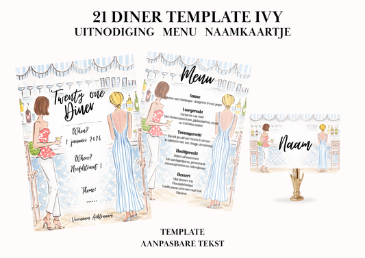 Uitnodiging - Menu - Naamkaartje set voor 21 Diner 'Ivy'