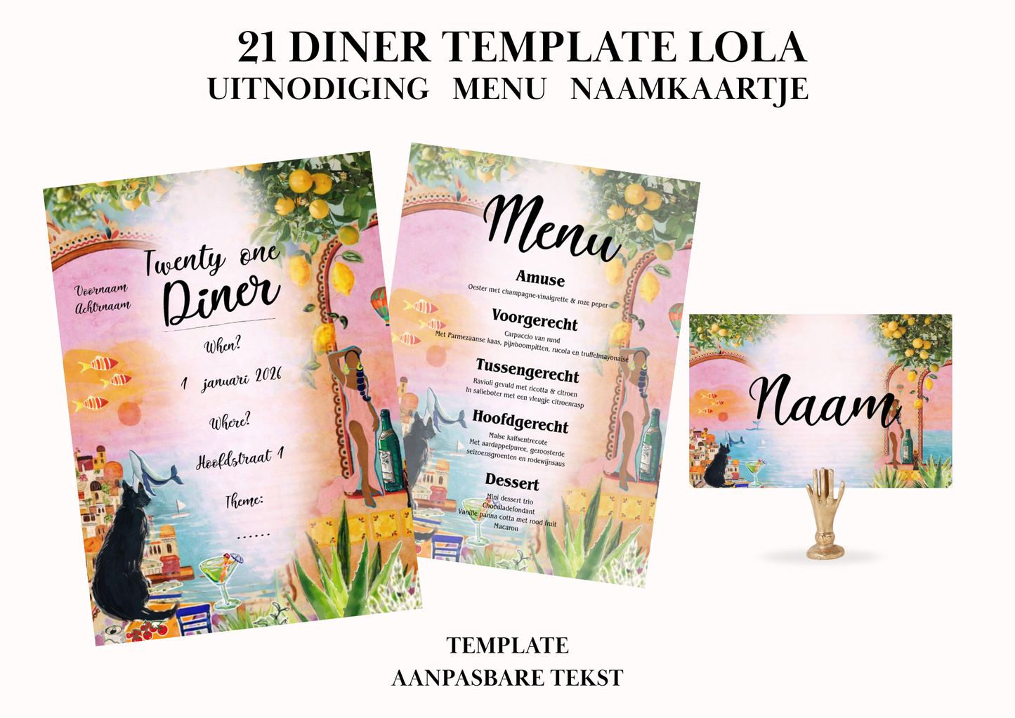 Uitnodiging - Menu - Naamkaartje set voor 21 Diner 'Lola'