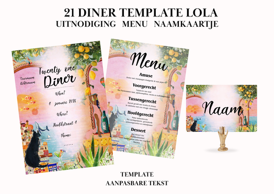 Uitnodiging - Menu - Naamkaartje set voor 21 Diner 'Lola'