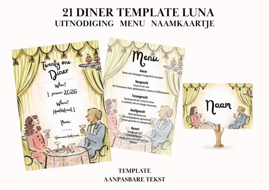Uitnodiging - Menu - Naamkaartje set voor 21 Diner 'Luna'