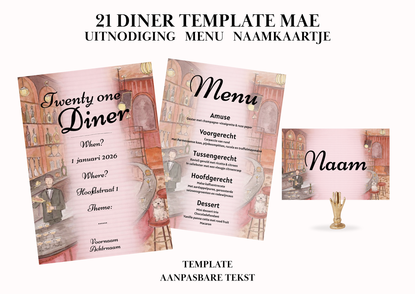 Uitnodiging - Menu - Naamkaartje set voor 21 Diner 'Mae'