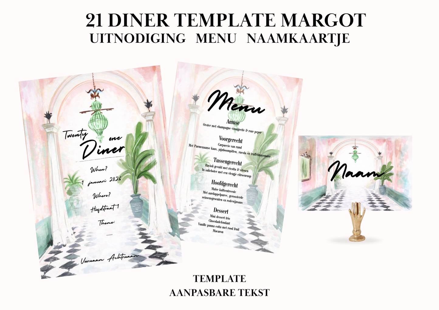 Uitnodiging - Menu - Naamkaartje set voor 21 Diner 'Margot'