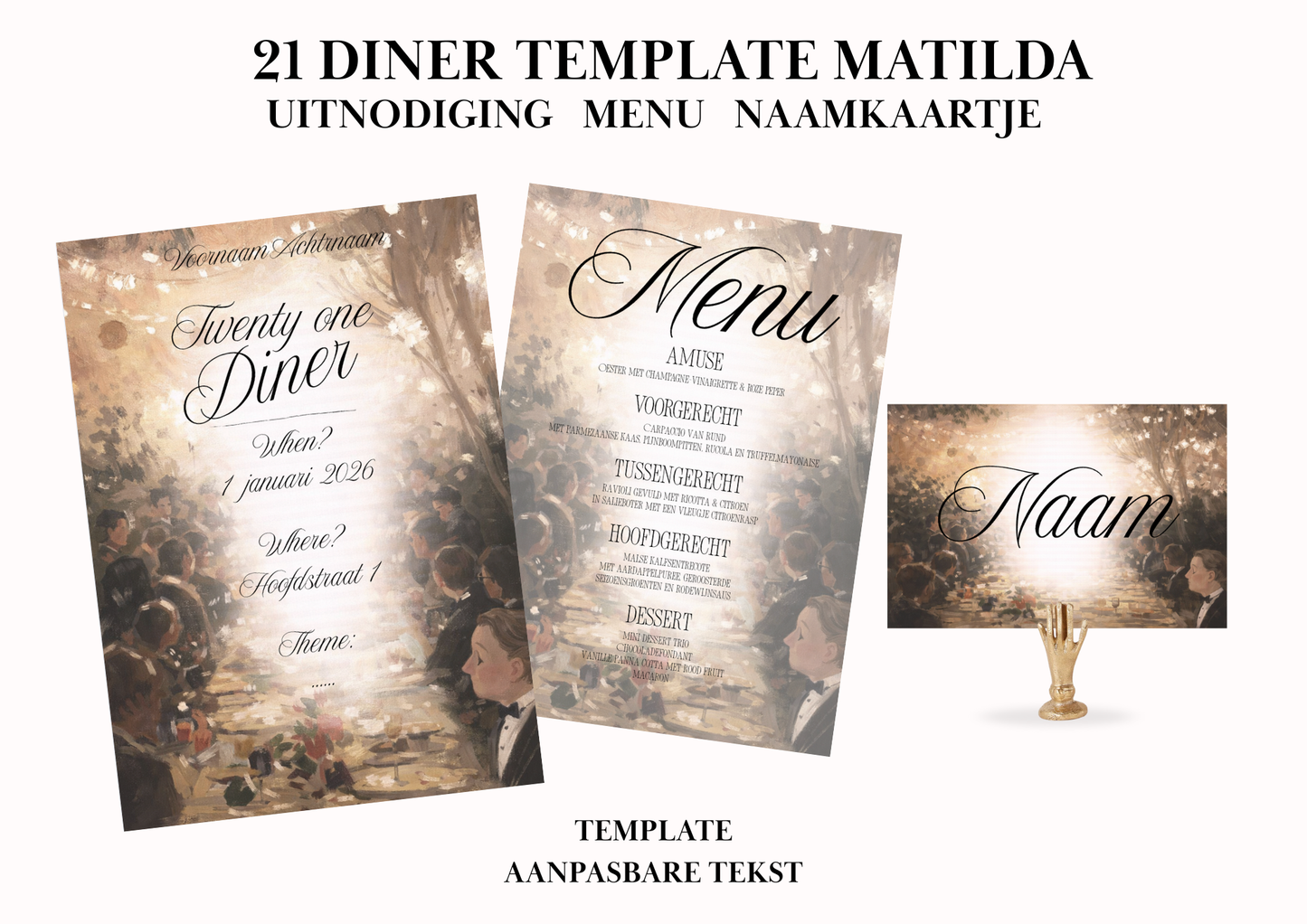 Uitnodiging - Menu - Naamkaartje set voor 21 Diner 'Matilda'