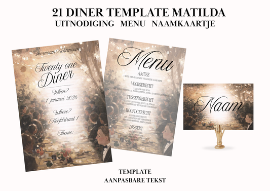 Uitnodiging - Menu - Naamkaartje set voor 21 Diner 'Matilda'