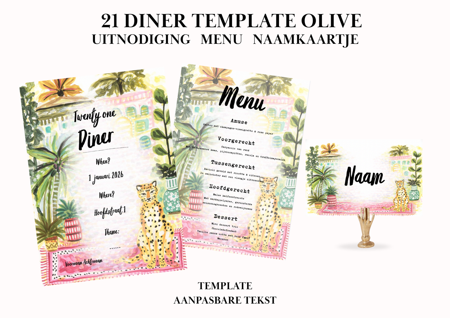 Uitnodiging - Menu - Naamkaartje set voor 21 Diner 'Olive'