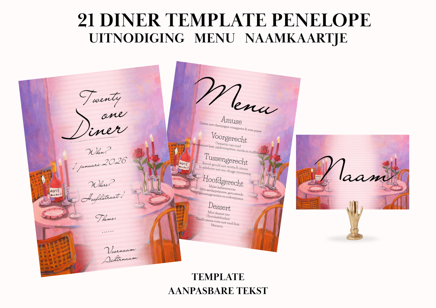 Uitnodiging - Menu - Naamkaartje set voor 21 Diner 'Penelope'