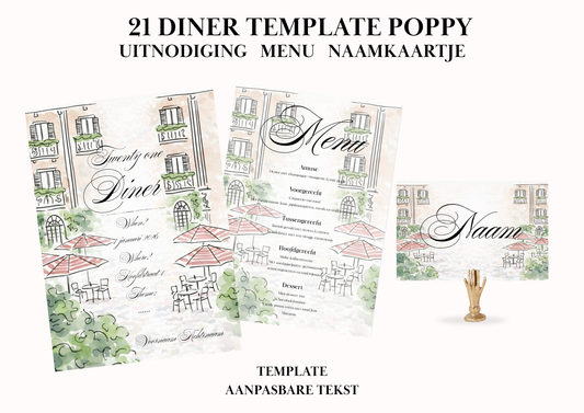 Uitnodiging - Menu - Naamkaartje set voor 21 Diner 'Poppy'