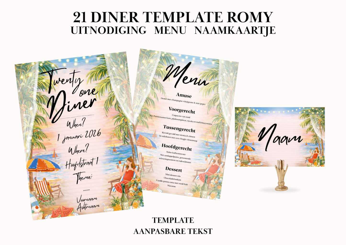 Uitnodiging - Menu - Naamkaartje set voor 21 Diner 'Romy'