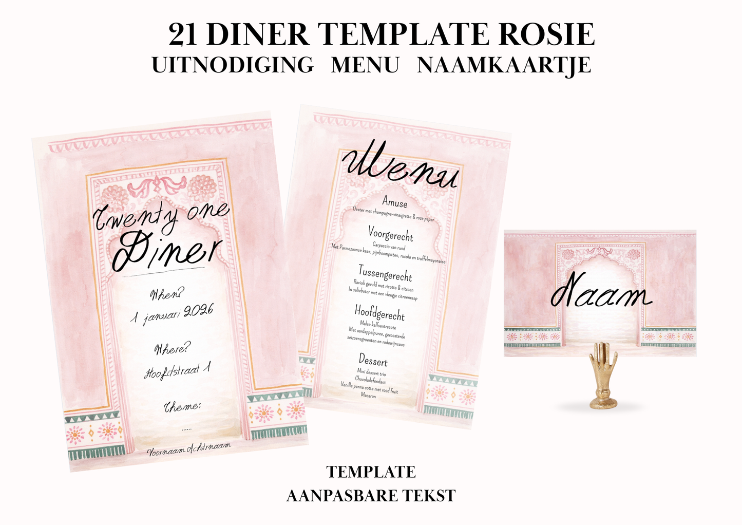Uitnodiging - Menu - Naamkaartje set voor 21 Diner 'Rosie'