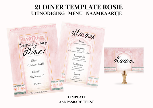 Uitnodiging - Menu - Naamkaartje set voor 21 Diner 'Rosie'
