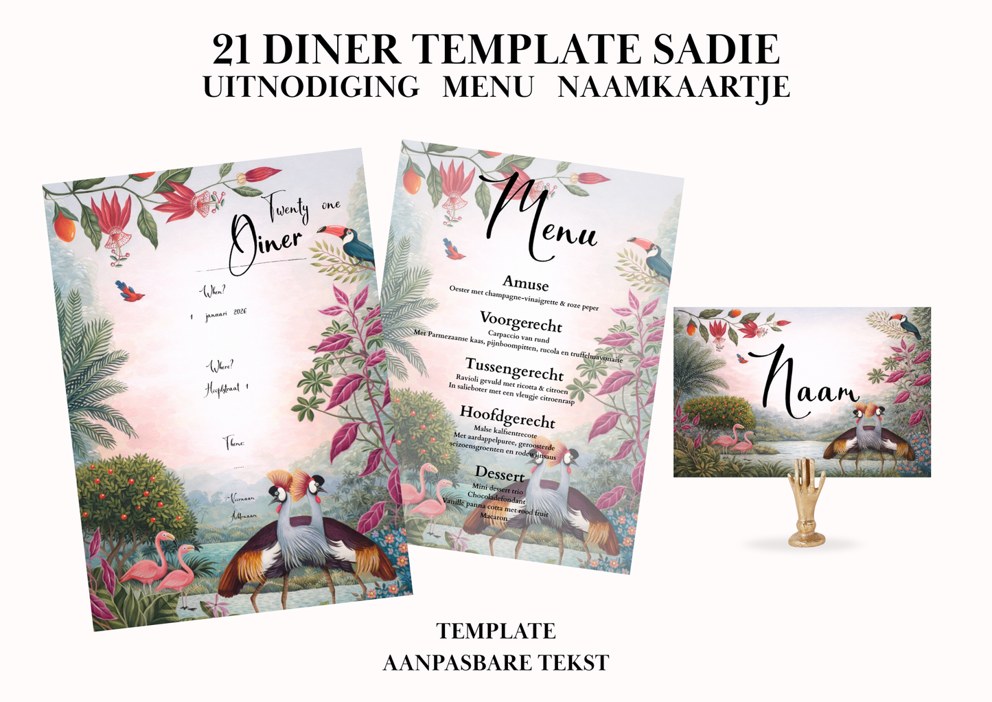 Uitnodiging - Menu - Naamkaartje set voor 21 Diner 'Sadie'