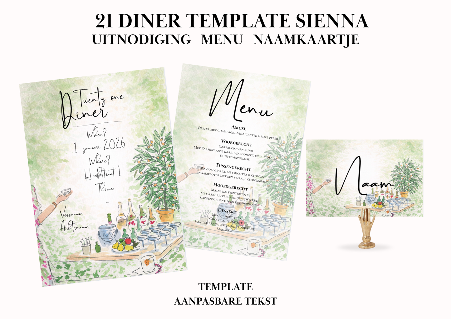 Uitnodiging - Menu - Naamkaartje set voor 21 Diner 'Sienna'