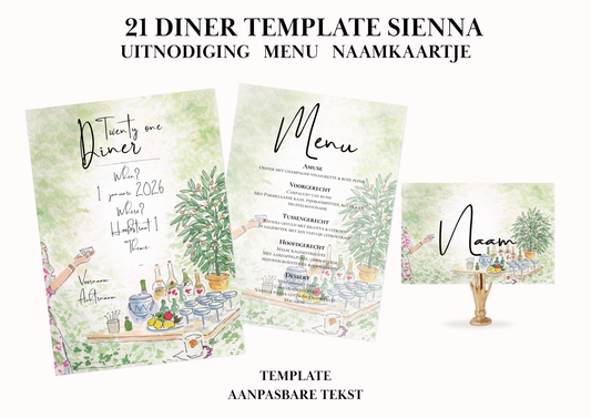 Uitnodiging - Menu - Naamkaartje set voor 21 Diner 'Sienna'